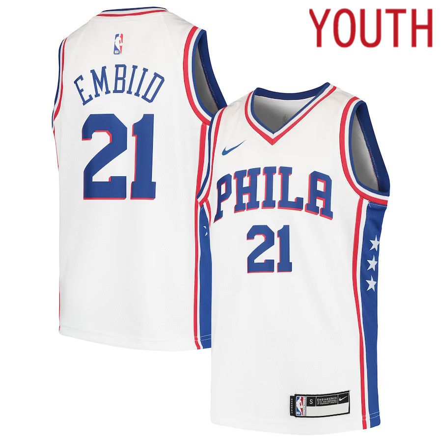 Youth Philadelphia 76ers 21 Joel Embiid Nike White Swingman NBA Jersey
